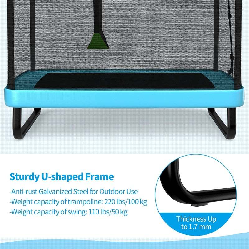 6FT Kids Trampoline with Swing & Safety Enclosure Net, ASTM Approved Indoor Outdoor Rectangle Trampoline for Boys & Girls, 220lbs Capacity