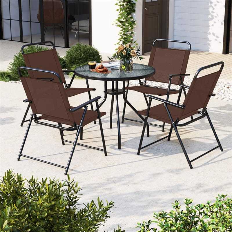 6 Piece Patio Dining Set Outdoor Folding Chairs Set with Tempered Glass Table & Tilt Umbrella, Portable Patio Table and Chairs for Lawn Garden Yard