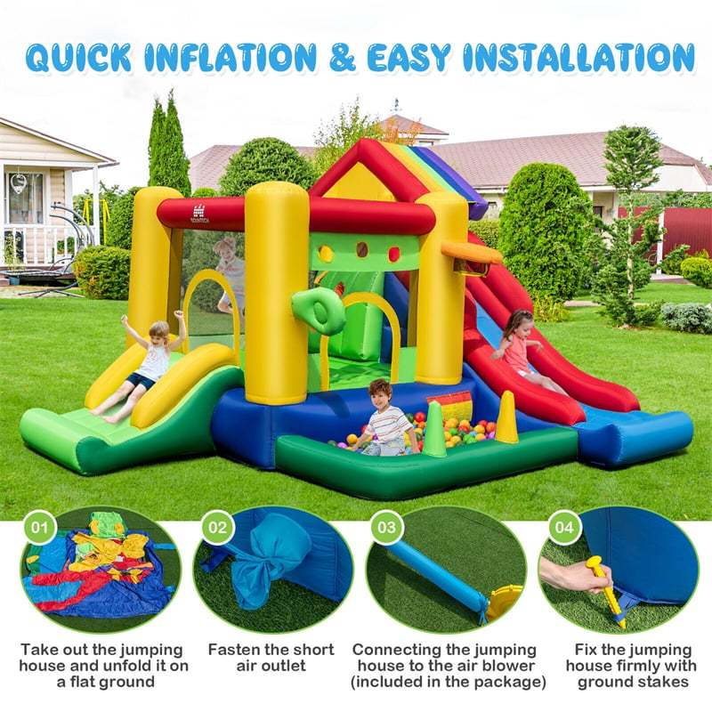 7-in-1 Rainbow Inflatable Bounce Castle Backyard Dual Slide Bounce House with 735W Blower & 50 Ocean Balls for Kids Indoor Outdoor Party Fun