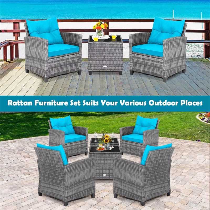 3PCS Patio Rattan Furniture Set Outdoor Conversation Set Wicker Bistro Set with Cushioned Chairs & Tempered Glass Side Table