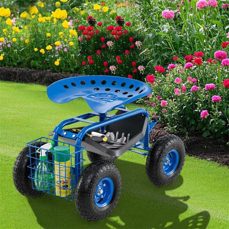 Rolling Garden Cart with 360° Swivel Seat, Tool Tray & Basket, Height Adjustable Gardening Workseat on Wheels, Patio Wagon Scooter for Planting