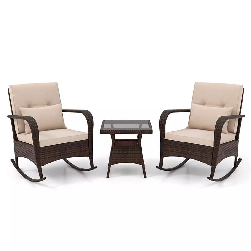 3-Piece PE Rattan Rocking Bistro Set with Removable Cushions & Tempered Glass Table, Outdoor Patio Furniture Set for Porch, Poolside, Backyard