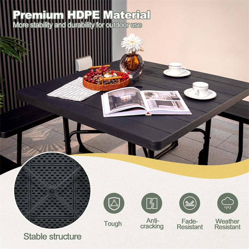 8-Person Picnic Table Set, Square Outdoor Table with 4 Built-in Benches, Umbrella Hole, HDPE Top, Metal Frame, 500LBS Capacity for Garden Patio