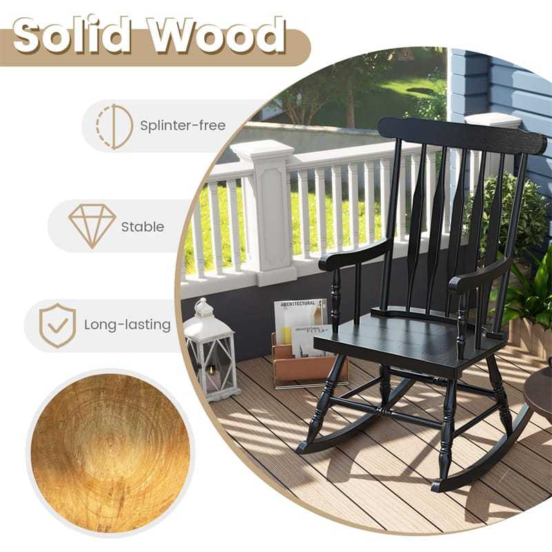 Solid Rubber Wood Patio Rocking Chair, Outdoor Porch Rocker with Slat Back & Glossy Finish for Garden, Backyard, Indoor Use