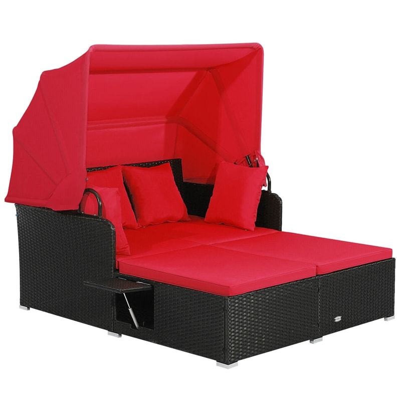 Outdoor Wicker Daybed, Hand-Woven Rattan Daybed with Retractable Canopy, 2 Side Tables, Soft Cushions, Chaise Loveseat for Garden Backyard