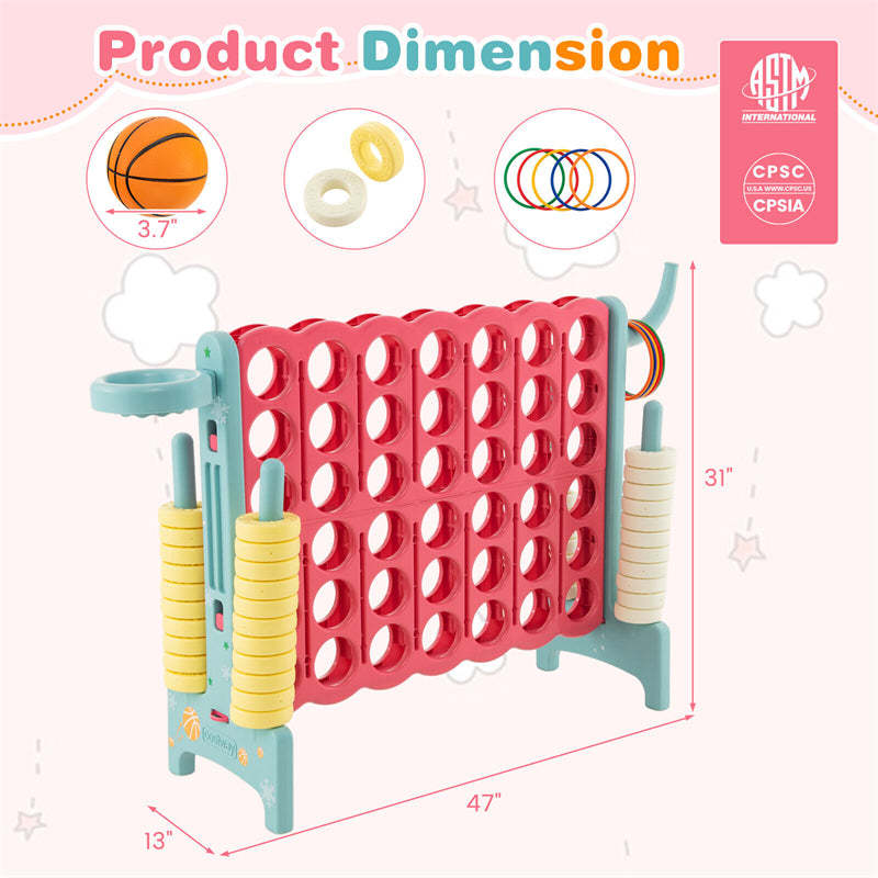 Giant 4-in-A-Row Game Set with 42 Jumbo Rings, Basketball Hoop, Quick-Release Slider, 2.5FT Indoor/Outdoor Connect Game for Kids & Adults