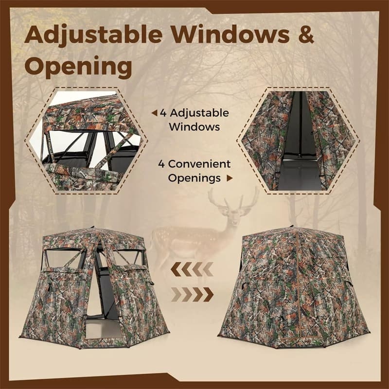 360° One-Way See-Through Hunting Blind with 4 Adjustable Windows & Openings, Pop-up Stakeout Camouflage Ground Blind for Deer Turkey Hunting