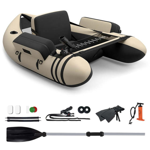 Fishing Float Tube, Inflatable Fishing Boat with Pump, Paddle, Fish Ruler, Flippers, Storage Pockets, Portable Backpack Belly Boat, Holds 350LBS