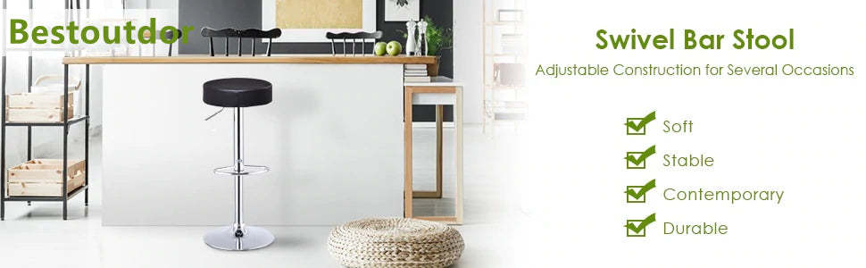 Adjustable Swivel Backless Leather Round Bar Stools Set of 2 for Kitchen Dining Room