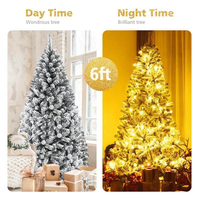 6 Feet Artificial Snow Decorated Flocked Hinged Christmas Tree with Metal Stand