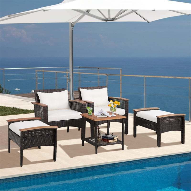 5PCS Patio Rattan Sofa Furniture Set with 2 Chairs, 2 Ottomans & Coffee Table, All-Weather Wicker Acacia Wood Cushioned Conversation Set for Backyard