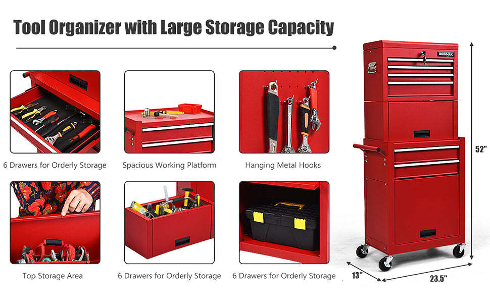 6-Drawer Rolling Tool Chest 3-in-1 Tool Storage Cabinet with Auto Locking System & Lockable Wheels