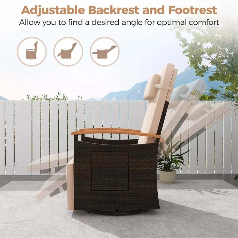 Outdoor 360° Swivel Rattan Recliner Chair with Adjustable Backrest & Footrest, Patio Wicker Chaise Lounge Chair with Flip Side Table & Cushion