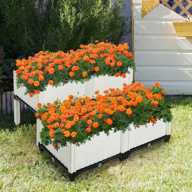 4 Pack Raised Garden Bed Kit, Self-Watering Elevated Planter Box with Removable Legs & Drainage Holes for Vegetables Flowers, Indoors Outdoors