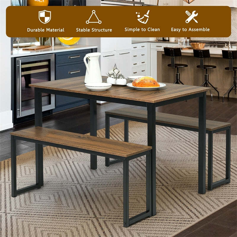 3-Piece Wood Patio Kitchen Dining Table Set with 2 Benches