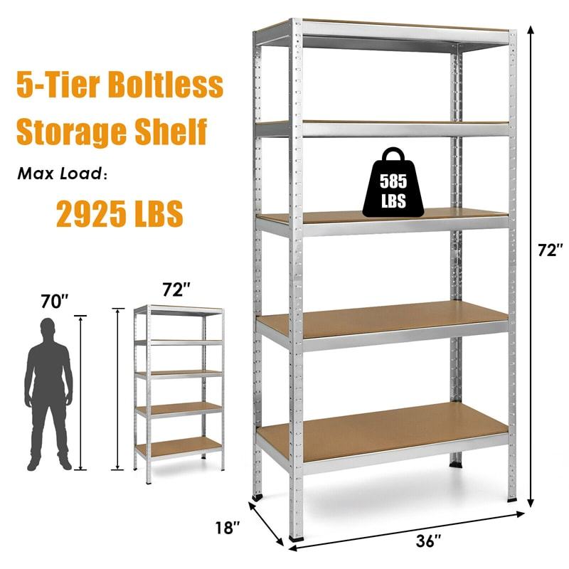 5-Tier Heavy Duty Shelving Unit, 72" Adjustable Steel Storage Shelf Boltless Organizer Rack for Garage Warehouse Home Pantry, 2925LBS Capacity