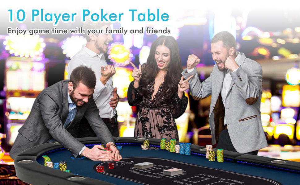 10-Player Poker Table Foldable Casino Leisure Table Card Game Table Texas Holdem Table with Cup Holder & 4 USB Ports