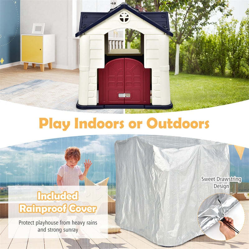 Kids Playhouse, Cottage Pretend Play House with 7PCS Toy Set, Picnic Table & Waterproof Cover for Indoor Outdoor, Boys & Girls Gifts