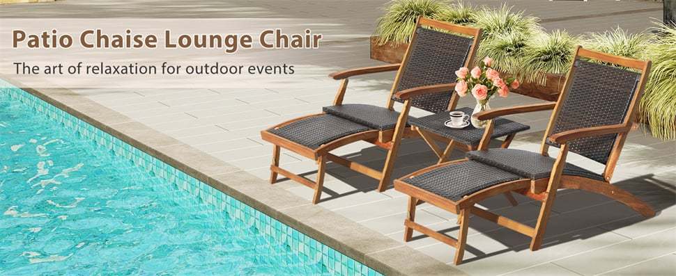Set of 2 Acacia Wood Patio Folding Rattan Chaise Lounges with Retractable Footrest, Outdoor Deck Lounge Chairs for Backyard, Garden, Poolside