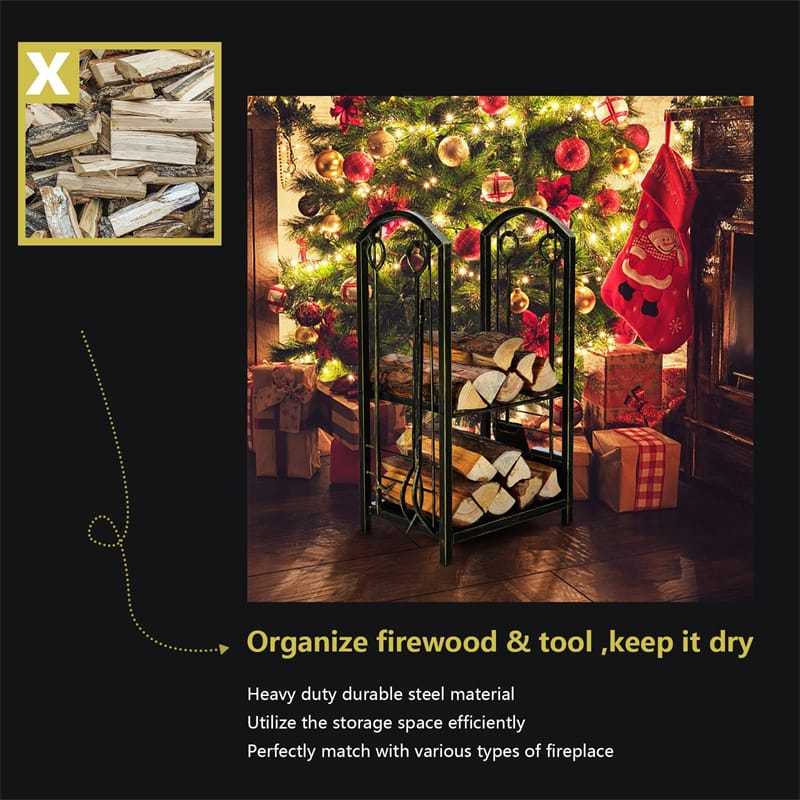 Firewood Rack with 4 Fireplace Tools Set, Heavy Duty Wrought Iron Log Rack Wood Storage Firewood Holder for Indoor  Outdoor
