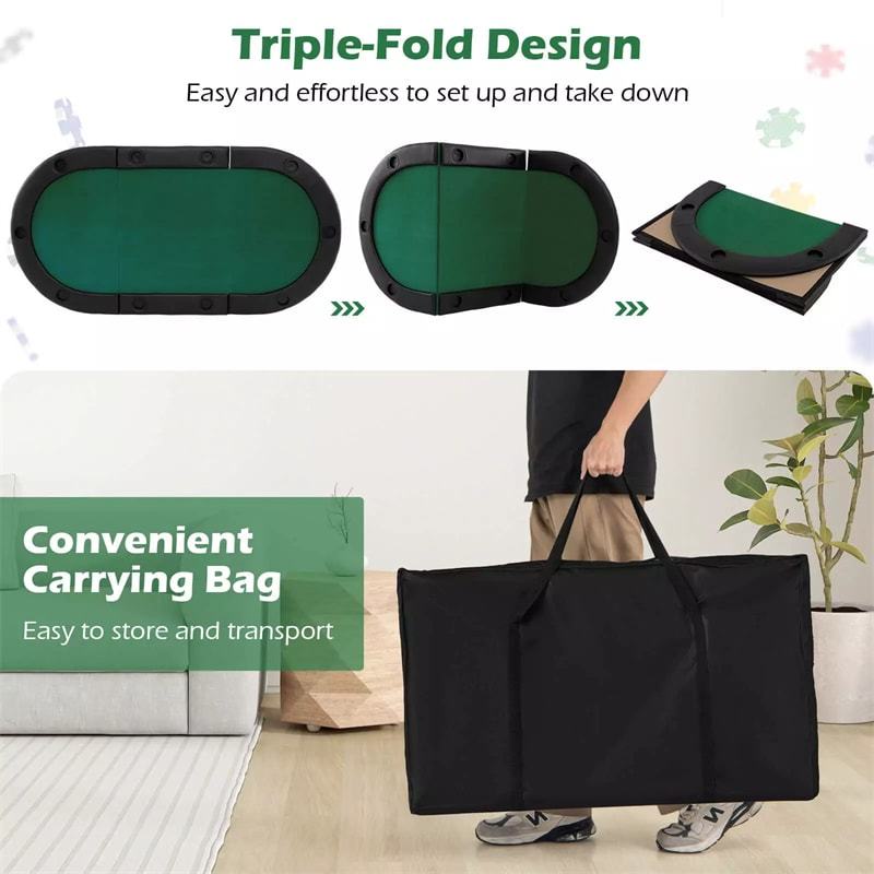 10-Player Foldable Poker Table Top, 84"x42" Portable Texas Holdem Poker Mat Layout with Carrying Bag & Cup Holders for Home Casino Games