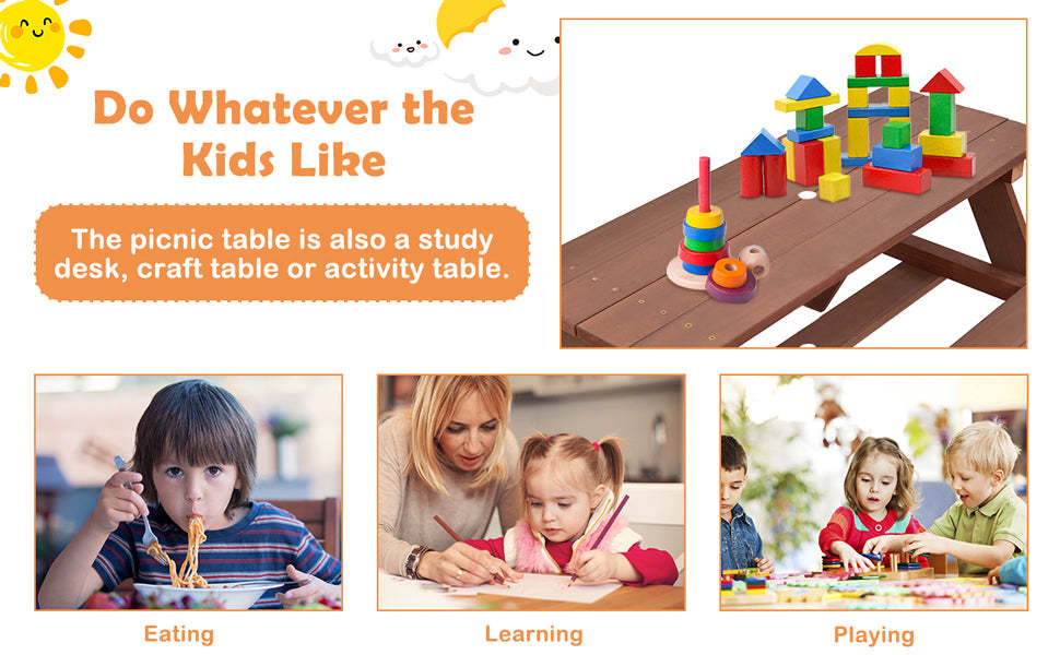 Kids Outdoor Picnic Table Toddler Wood Patio Table & Bench Set with Removable Folding Umbrella for Backyard Garden Lawn