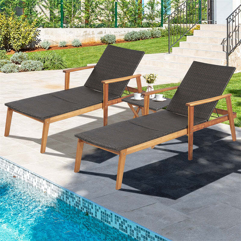 2-Piece Patio Rattan Chaise Lounge Chair with Folding Table, Acacia Wood Frame Adjustable Outdoor Recliner Set for Poolside, Backyard, Garden