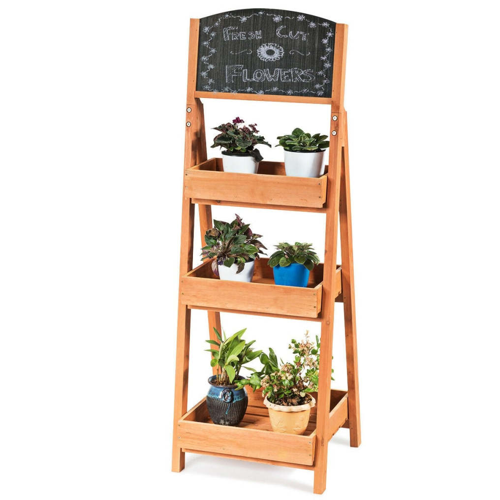 Freestanding Wooden Chalkboard Sign Plant Stand with 3-Tier Display Shelf