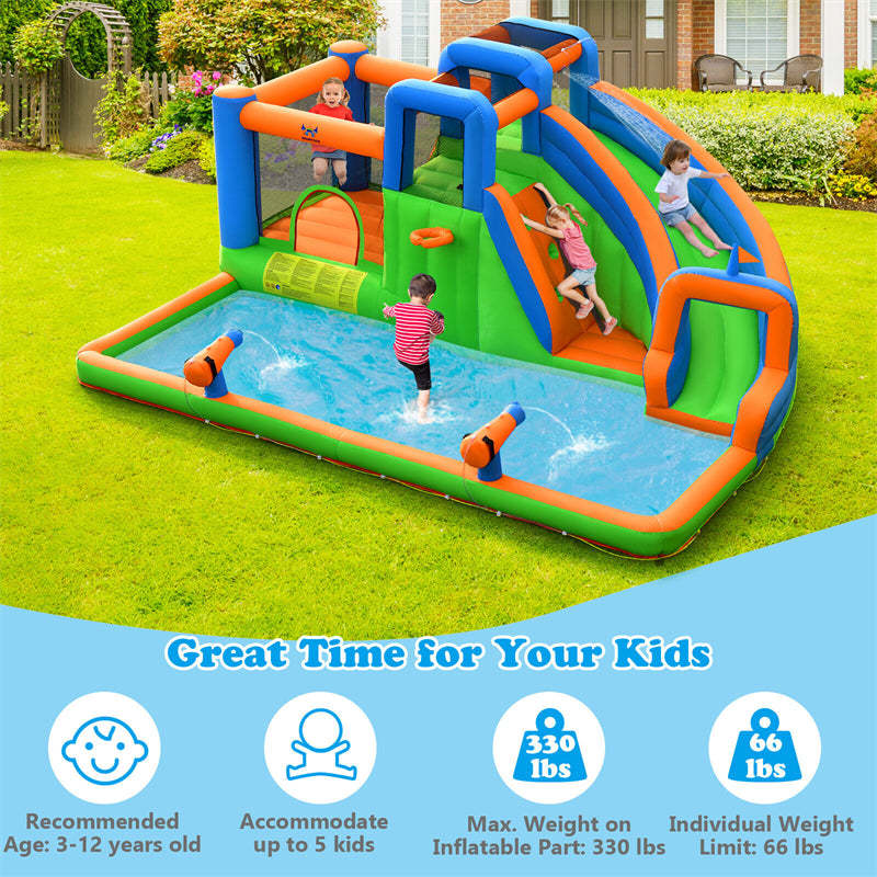 Inflatable Water Slide Park, 7-in-1 Mega Bounce House Water Slide Combo with 735W Blower, Splash Pool, Climbing Walls for Kids, Backyard Family Fun