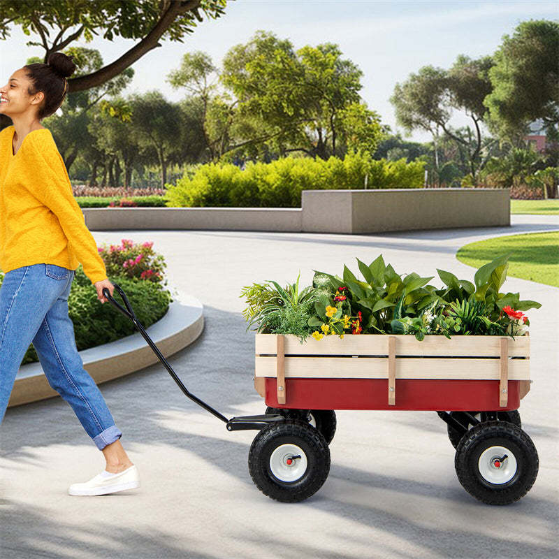 Heavy Duty Outdoor Utility Wagon Pulling Children Kid Garden Cart with Wood Railing & Adjustable Handle