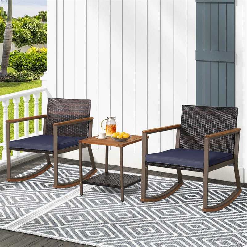 3-Piece Rattan Rocking Bistro Set w/ Cushions, Acacia Wood Top Coffee Table & Storage Shelf, Patio Conversation Set for Balcony, Porch, Poolside