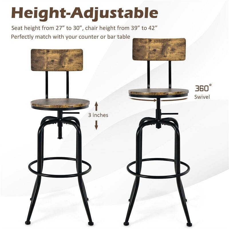 Vintage Industrial Bar Stools Set of 2, Adjustable Counter Height Bar Chairs with Arc-Shaped Backrest & Footrest, Swivel Metal Stools for Kitchen Pub