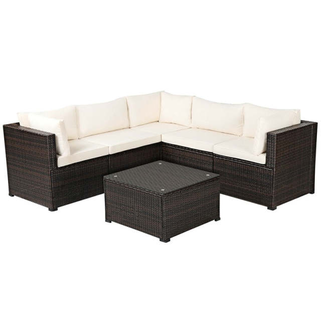6 Piece Patio Rattan Furniture Set Sectional Sofa with Tempered Glass Coffee Table & Cushions, Outdoor Wicker Conversation Set for Backyard
