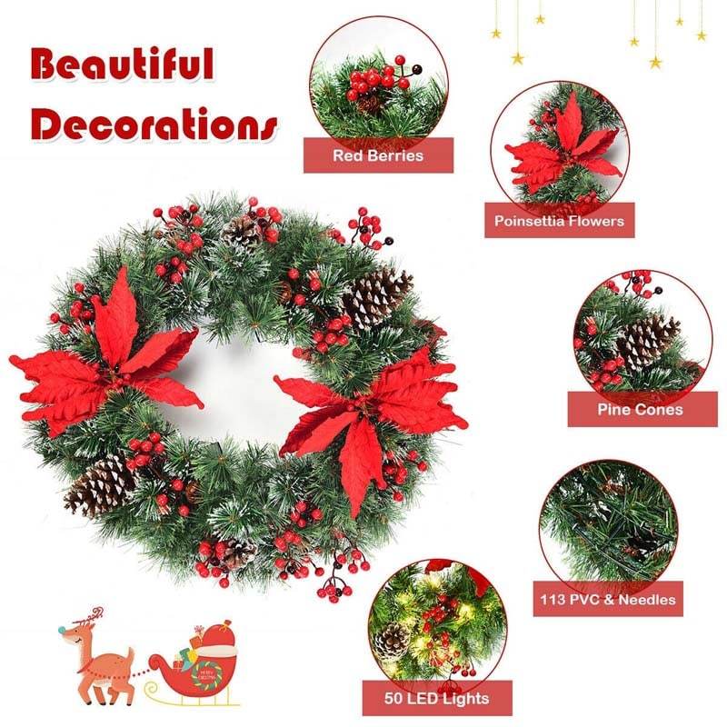 Pre-lit Snow Flocked Christmas Wreath with 50 LED Lights