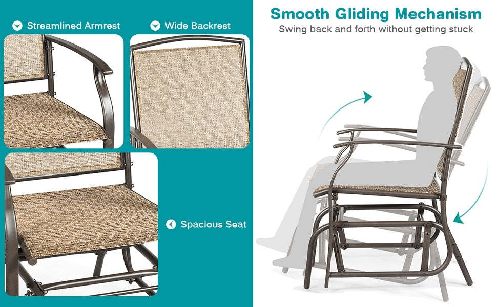 2 PCS Outdoor Glider Chairs Patio Porch Single Swing Glider Rocking Chairs with Metal Frame & Breathable Mesh Fabric