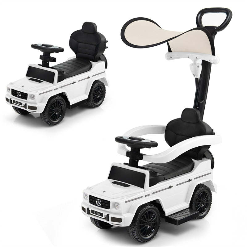 3-in-1 Push Car for Toddlers, Mercedes Benz G350 Stroller Sliding Car w/Canopy, Handle, Guardrail & Storage, Foot-to-Floor Ride-On Toy for Kids