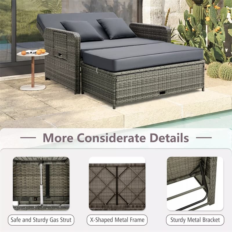 Patio Rattan Daybed Set with Multipurpose Storage Ottoman, Retractable Side Tray, Seat & Back Cushions, Adjustable Backrest Wicker Loveseat Sofa