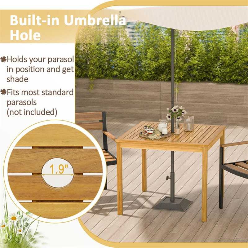 4-Person Square Acacia Wood Dining Table, Farmhouse Outdoor Bistro Table with 1.9" Umbrella Hole for Patio, Yard, Deck & Lawn
