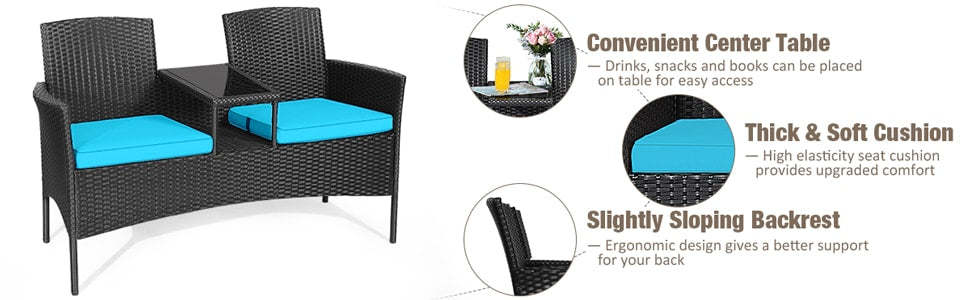 Modern Rattan 2-Seater Patio Furniture Set with Built-in Tempered Glass Table & Removable Cushions, Outdoor Furniture for Backyard, Garden