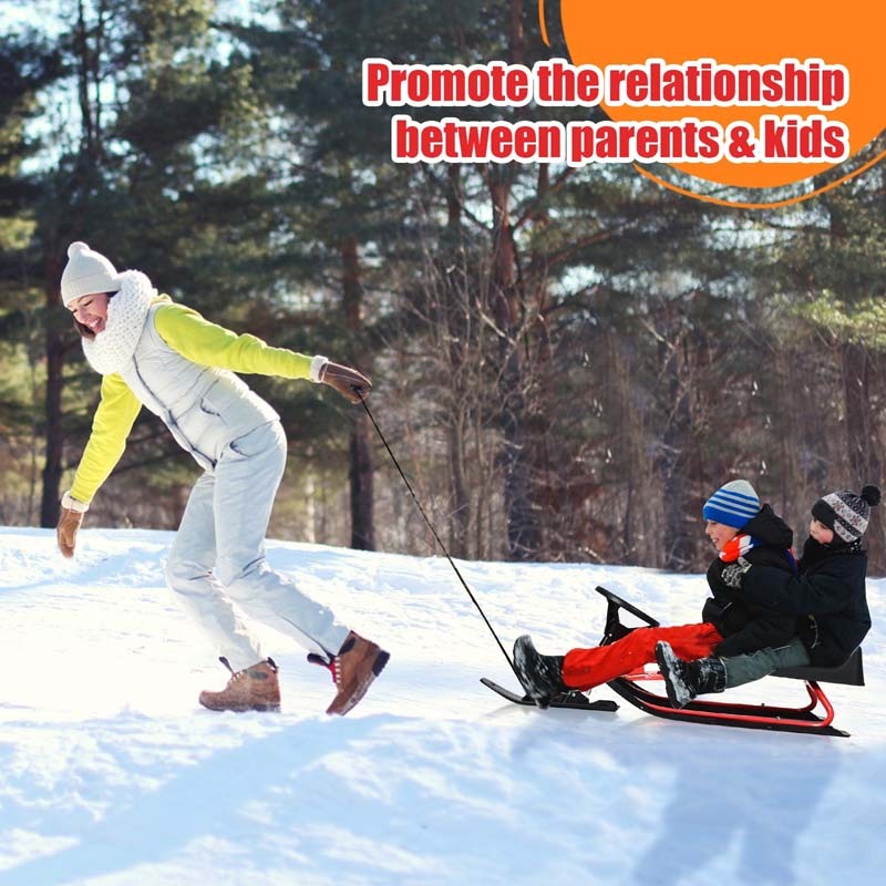 Kids Ski Board Snow Racer Sled with Steering Wheel and Double Brakes Pull Rope