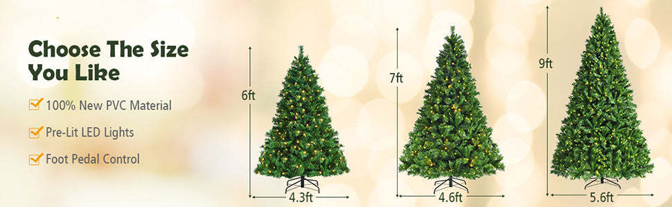 Pre-Lit Hinged Artificial Christmas Tree with PVC Branch Tips LED Lights