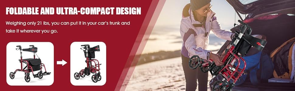 2-in-1 Folding Rollator Walker with Seat for Seniors, Aluminum Medical Walker Transport Chair Combo with 8" Wheels, Adjustable Handle & Backrest