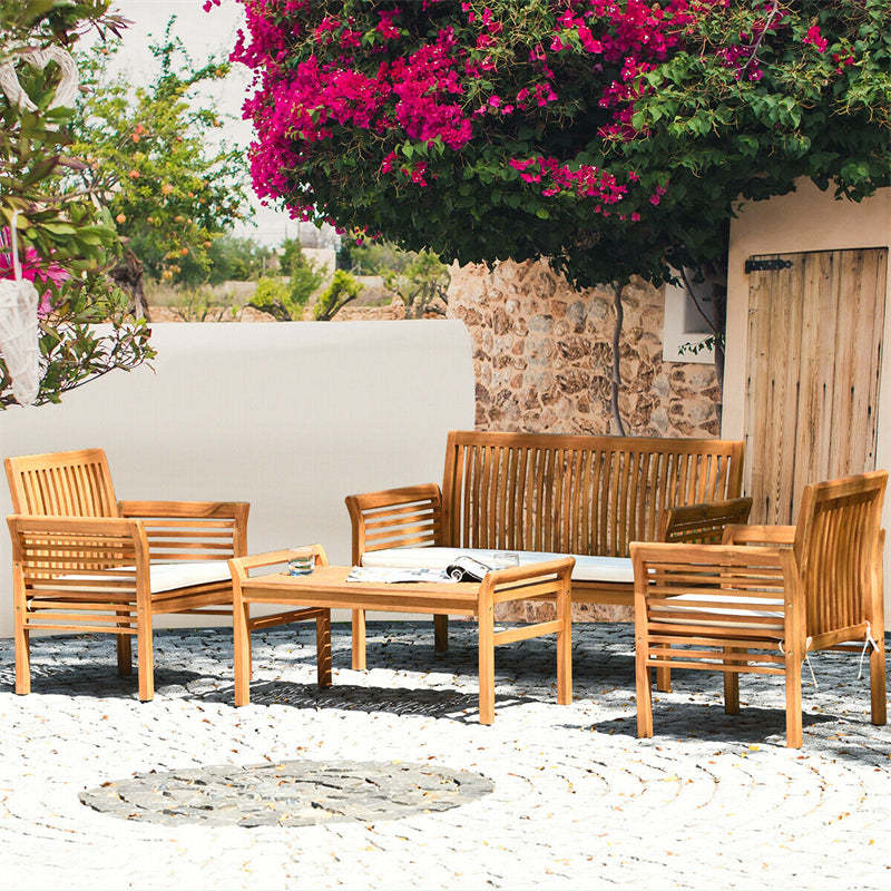 4 Piece Outdoor Acacia Wood Sofa Set with Waterproof Cushions & Coffee Table, Wooden Patio Conversation Set for Backyard, Poolside, Garden