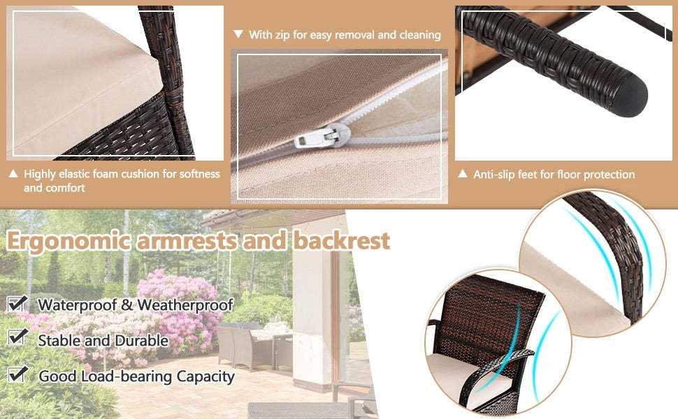 4PCS Patio Rattan Furniture Set Outdoor Conversation Set with Acacia Wood Coffee Table & Cushions