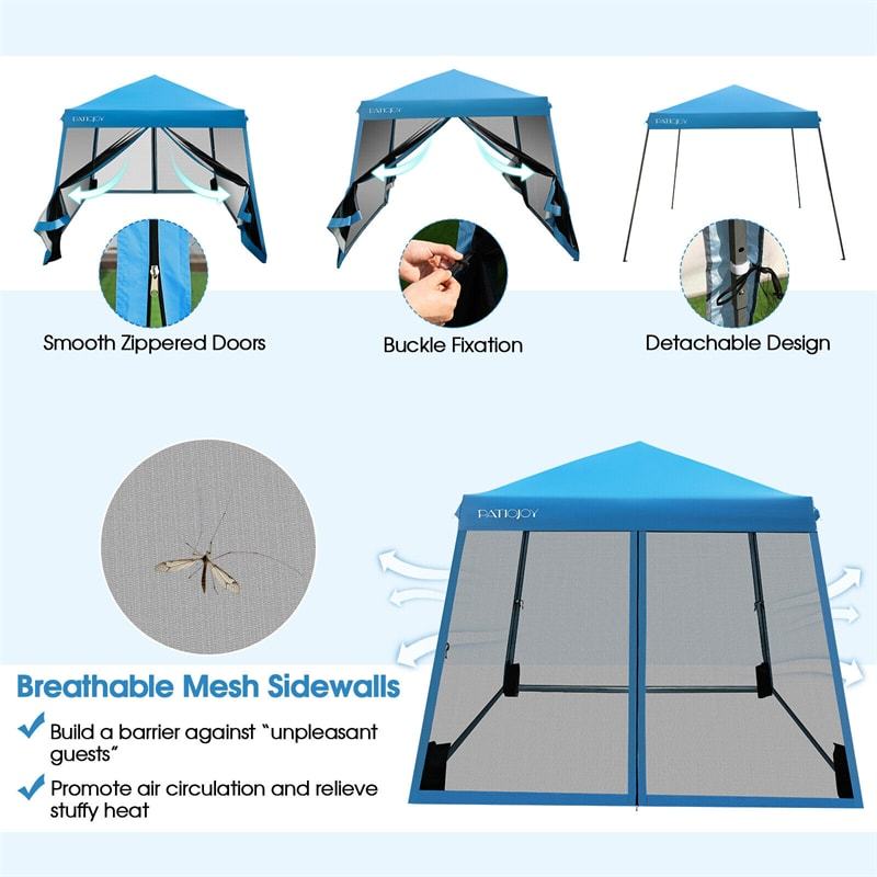 10x10FT Slant Leg Pop-Up Canopy with Mesh Sidewalls & Roller Bag, Foldable Outdoor Instant Setup Canopy Tent for Patio, Camping, Beach Events