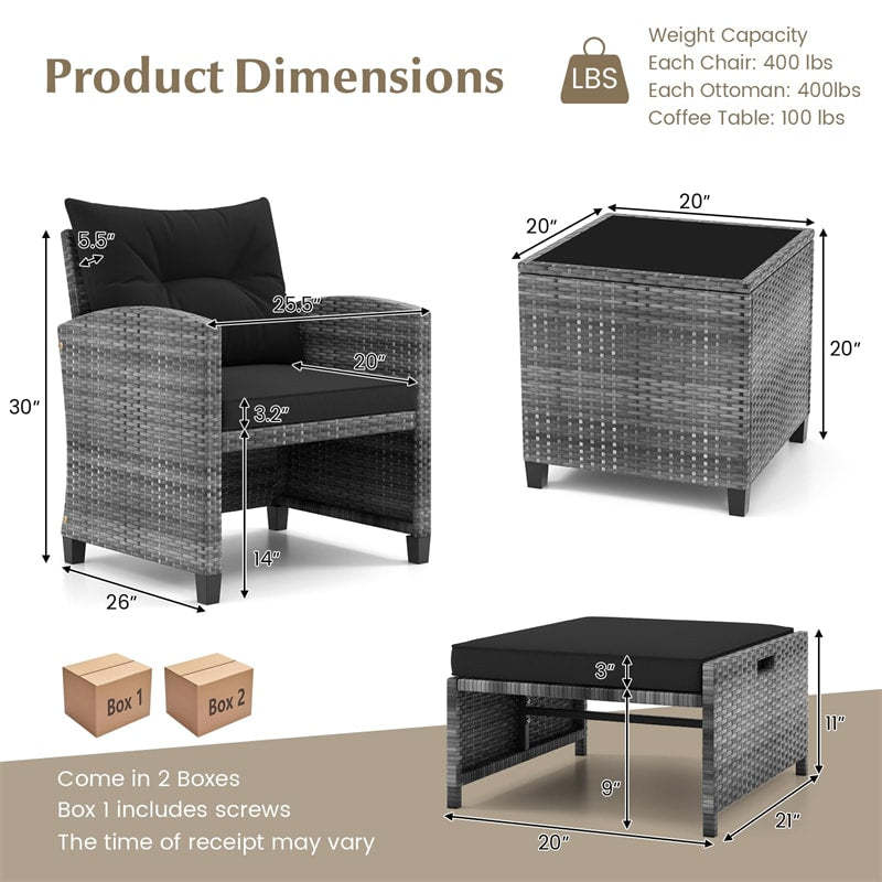 5-Piece Patio Rattan Furniture Set, Wicker Cushioned Chairs with 2 Ottomans & Tempered Glass Coffee Table for Backyard, Lawn, Poolside, Deck