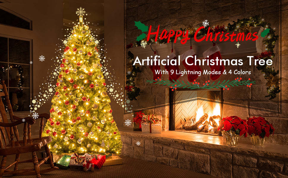 Pre-lit Hinged Artificial Christmas Tree with 9 Lighting Modes Color Changing LED Lights & Remote Control