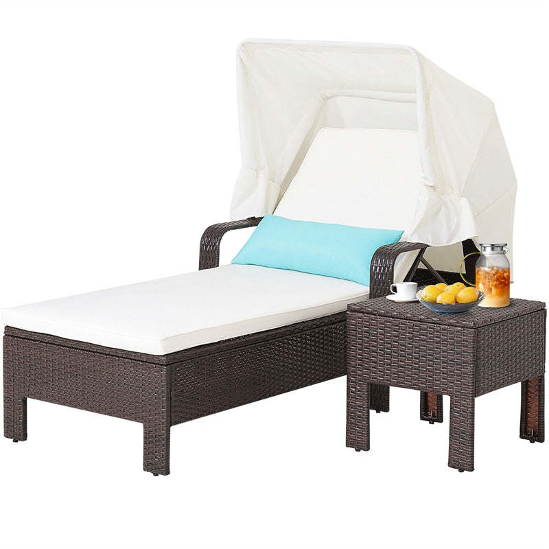 2-Piece Outdoor Chaise Lounge Chair & Table Set with Folding Canopy, Adjustable Backrest & Cushions, Rattan Patio Furniture for Poolside, Backyard