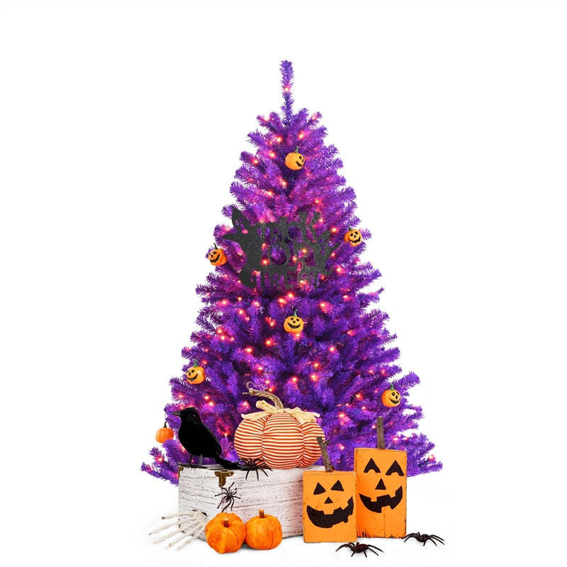 5FT Artificial Prelit Purple Halloween Tree Christmas Tree with Orange Lights & Pumpkin Ornaments