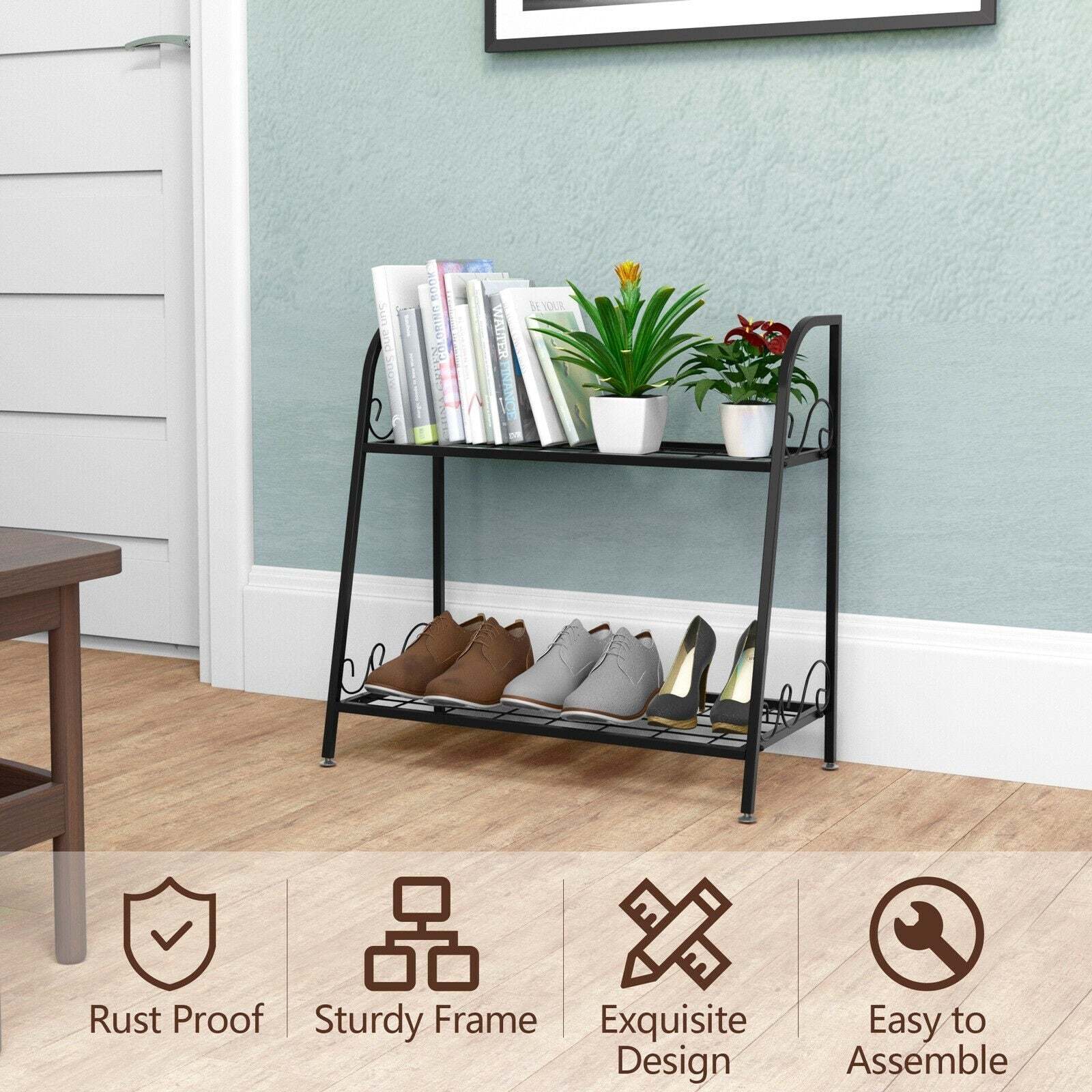 2 Tier Metal Plant Stand Flower Pots Holder with Adjustable Feet